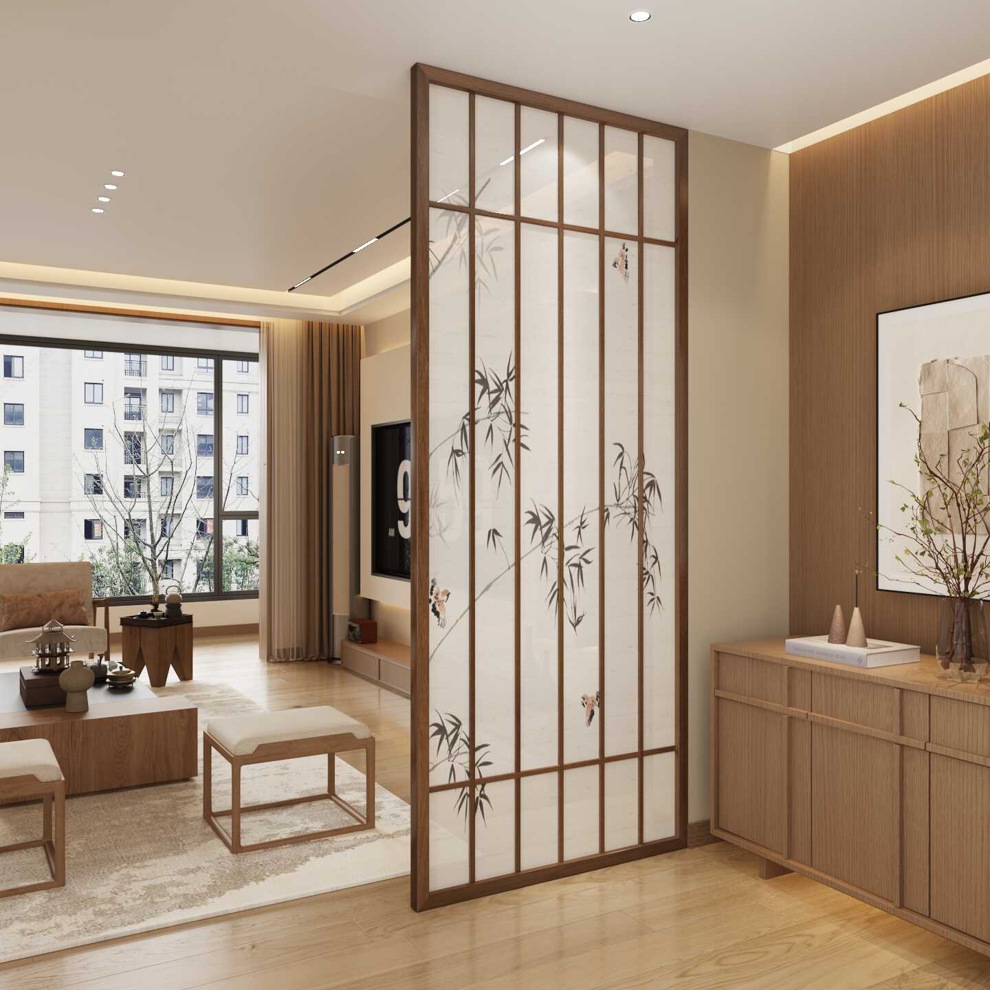 Dark Brown Translucent Single Panel Room Partition Wall with Pine and Double Sided Print Standalone Design