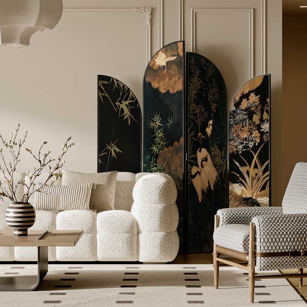 Black Opaque Collapsible Room Partition Wall with Lumber Frame and Double Sided Print in 4 Panels/3 Panels Standalone Design