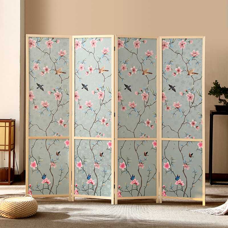 Green Simplistic Opaque Collapsible Room Partition Wall with Pine in 4 Panels Standalone Design