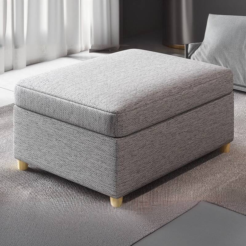 Modish Rectangle/Square Solid Colour Standard Ottoman in Light Gray with Timber Frame and Flip Top Storage