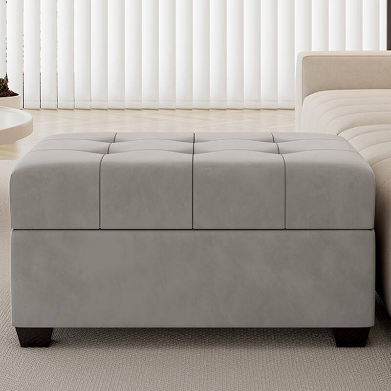 Modern Simple Style Rectangular Solid Colour Storage Ottoman with Velvet Upholstery in Light Gray/Camel, Featuring a Container and Button-tufted Design