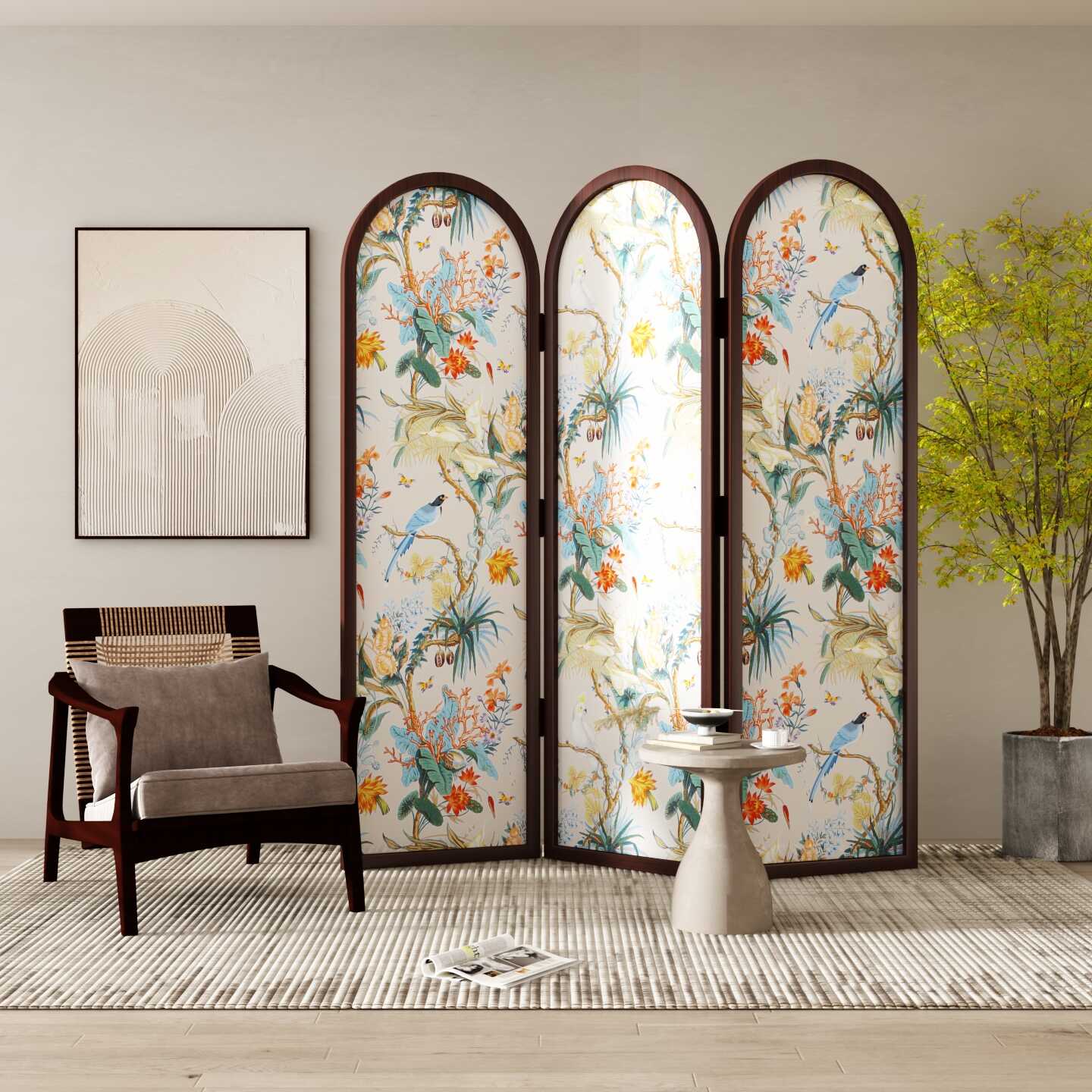 Cocoa Room Partition Wall, Opaque Collapsible Design with Pine Wood Frame, 4 Panels/2 Panels/3 Panels, Double Sided Print, Standalone