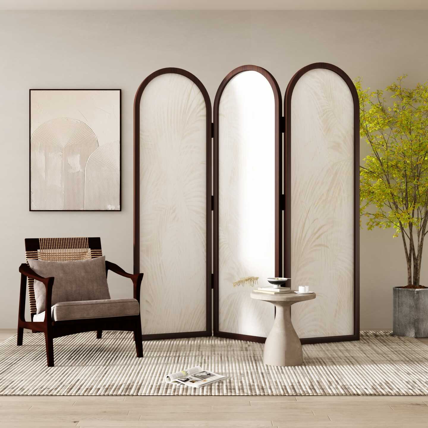 Cocoa Opaque Collapsible Room Partition Wall with Pine Wood Frame, Available in 4/2/3 Panels, Double Sided Print, Standalone