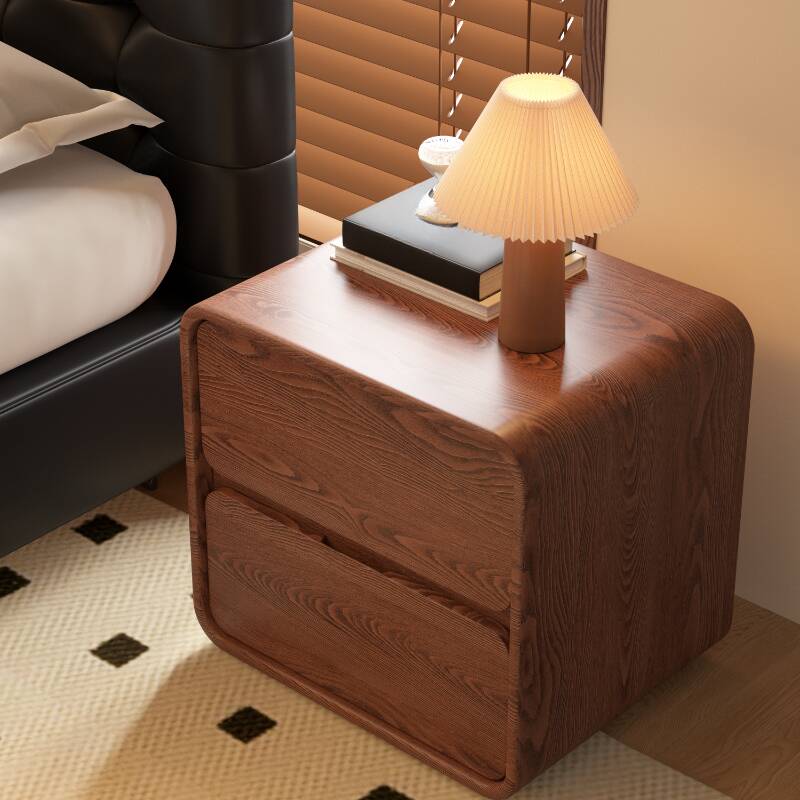 Modish Drawer Storage Bedside Table with 2 Drawers and Genuine Leather Countertop