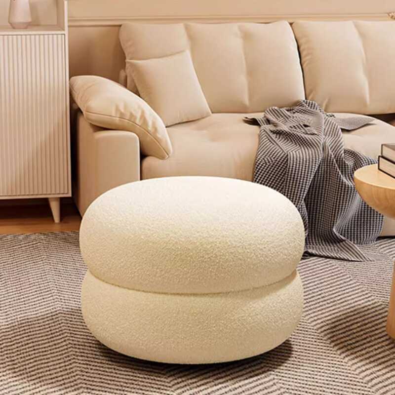 Casual Rounded Solid Colour Standard Ottoman with Sherpa Upholstery in Light Gray/White/Rose