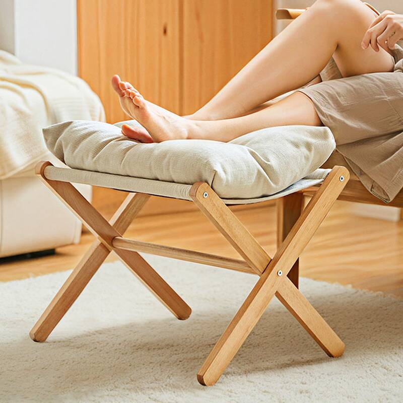 Casual Rectangular Solid Colour Standard Ottoman in Blue/Light Brown/Tangerine Colour with Natural Wood Frame and Button-tufted Design