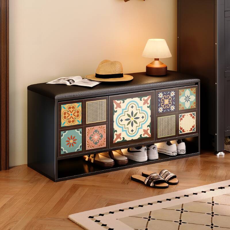 Casual Rectangular Animal Print/Abstract Storage Ottoman in Artificial Leather with Midnight Black and Storage