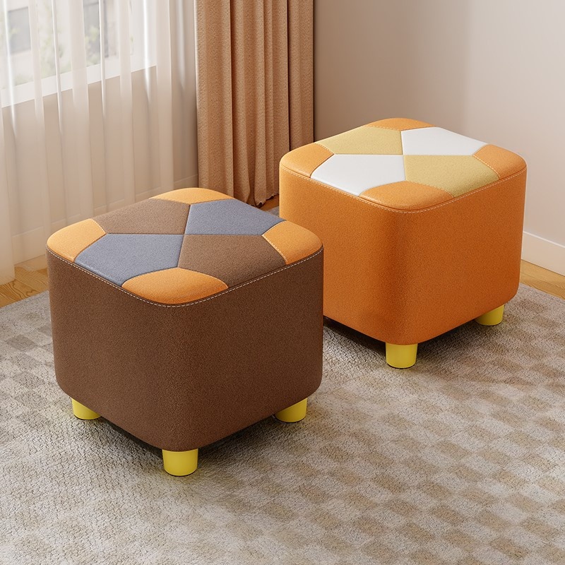 Multicolour Geometric Cube Ottoman with Yellow 4 Legs in a Nordic Style