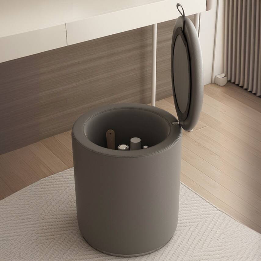 Contemporary Rounded Solid Colour Storage Ottoman in Leatherette with Dove Grey/Cocoa/Beige Upholstery and Stockroom Storage