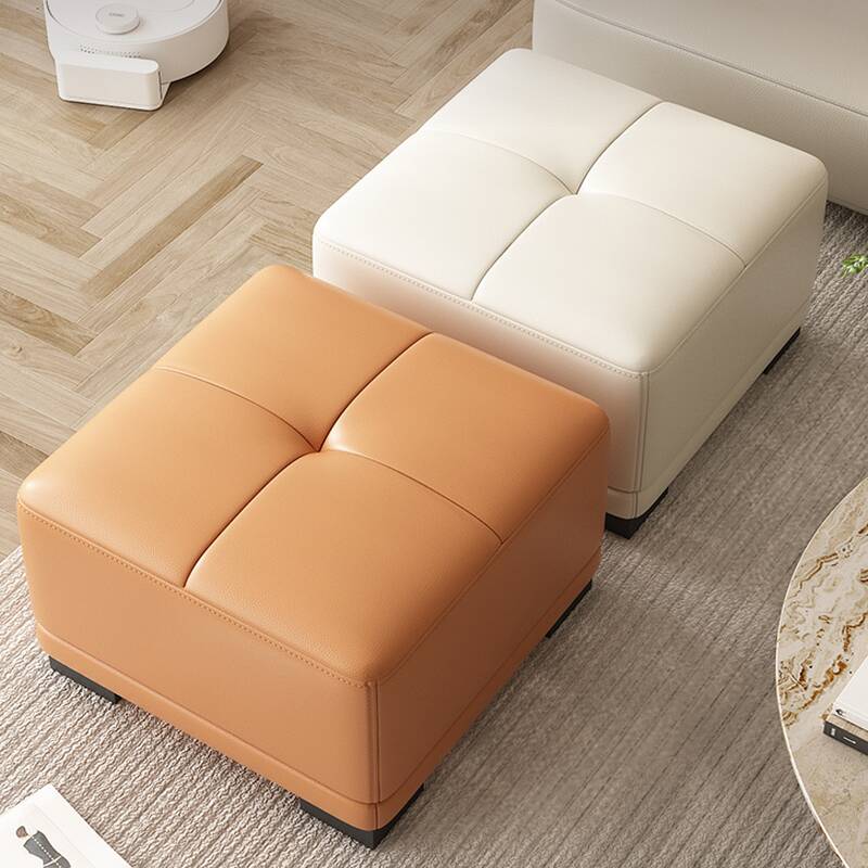 Contemporary Square Solid Colour Standard Ottoman in Genuine Leather with Dove Grey/Light Brown/Beige Button-tufted Upholstery