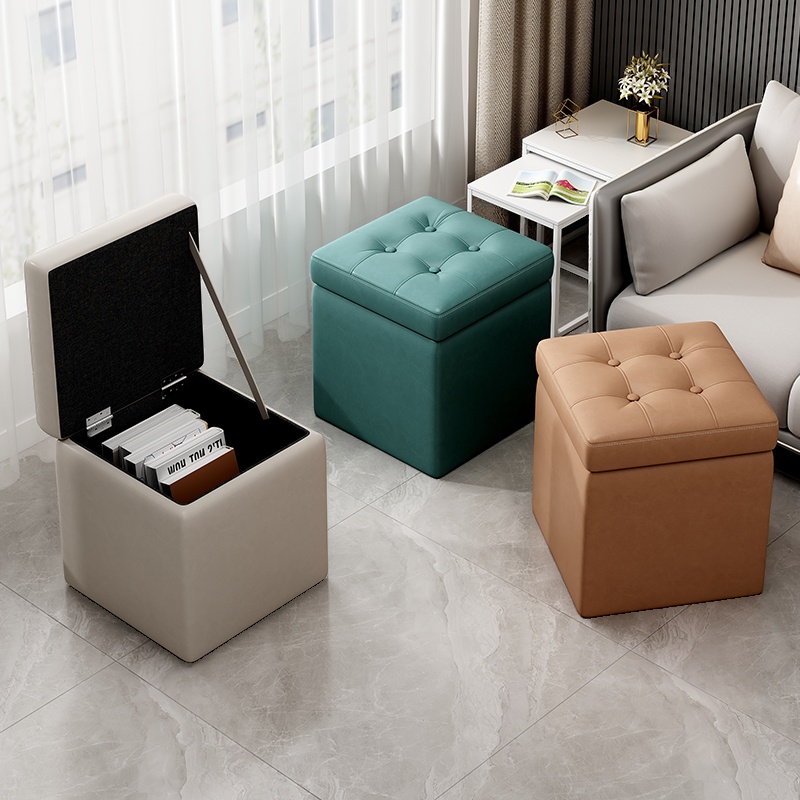 Contemporary Square Solid Colour Storage Ottoman in Leatherette with Jade Green/Cocoa/Citrus Colour, Stockroom Storage, and Button-tufted Finish