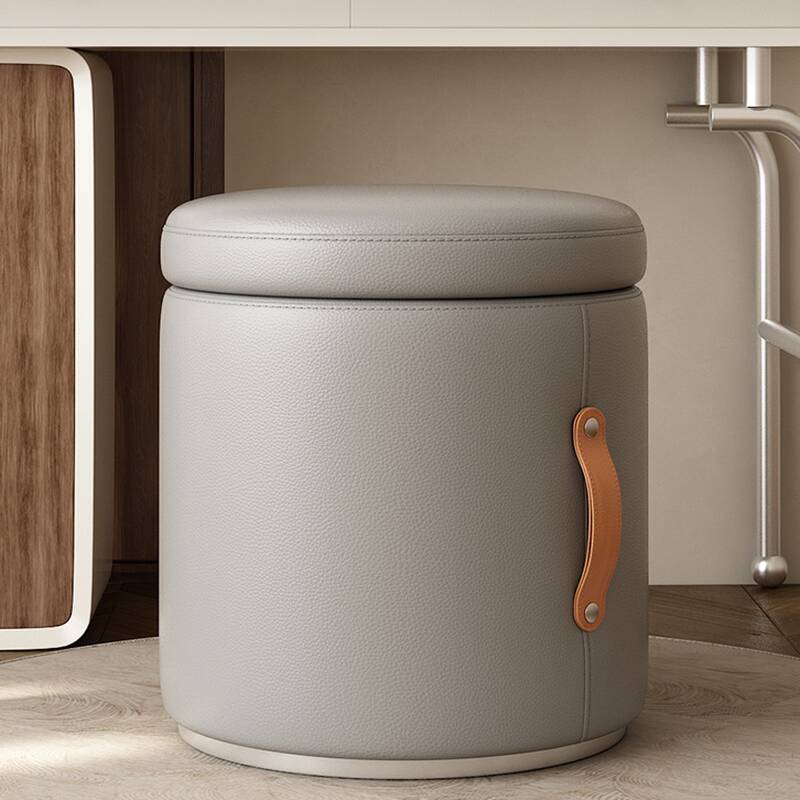 Contemporary Rounded Solid Colour Storage Ottoman in Leatherette with Dove Grey/Citrus Colour/Beige Upholstery and Stockroom Storage
