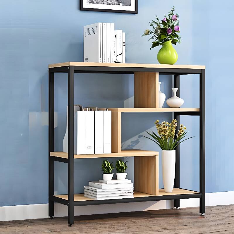Natural Finish Casual Cabinet Shelf with Steel Frame, Unattached Solid Shelves