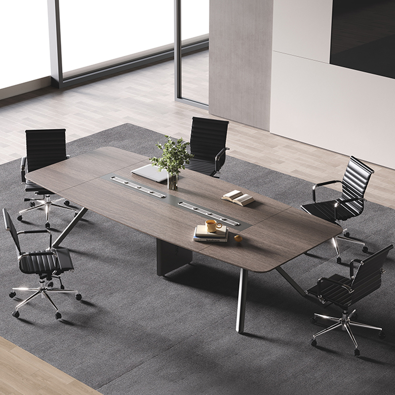 Brown Trendy Office Conference Table with Boat Shaped Top for Seating 12/8, Made of MDF Top
