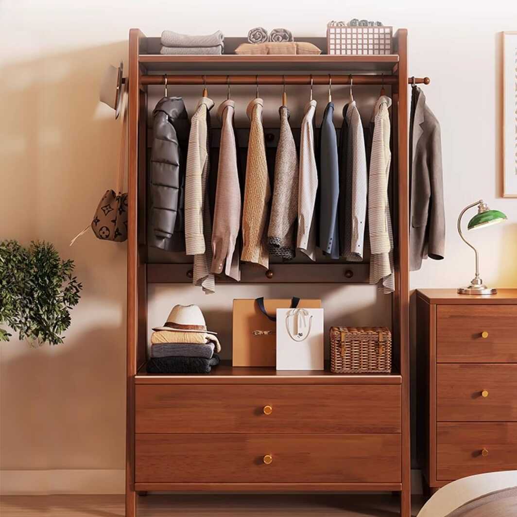 Modish Hall Rack with Container, 2 Drawers, 1 Shelf, Solid+Manufactured Wood Frame, and Wood Hook