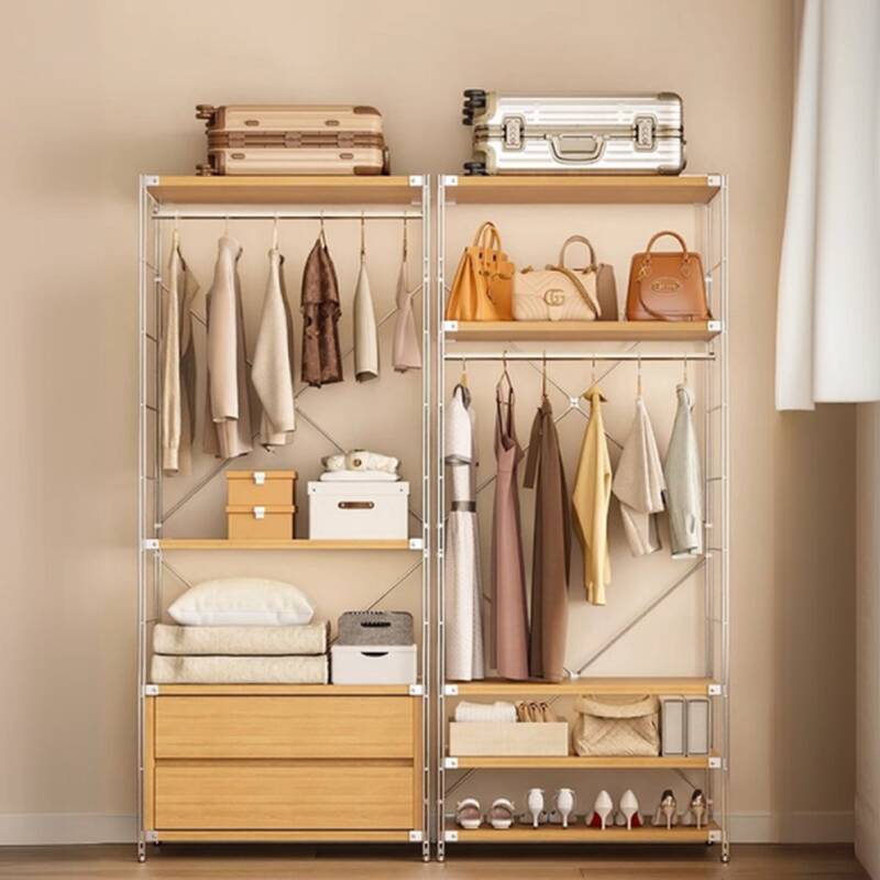 Wood Grain Modern Simple Style Hall Rack with Locker, 2 Drawers, 2 Shelves, and Metal Frame