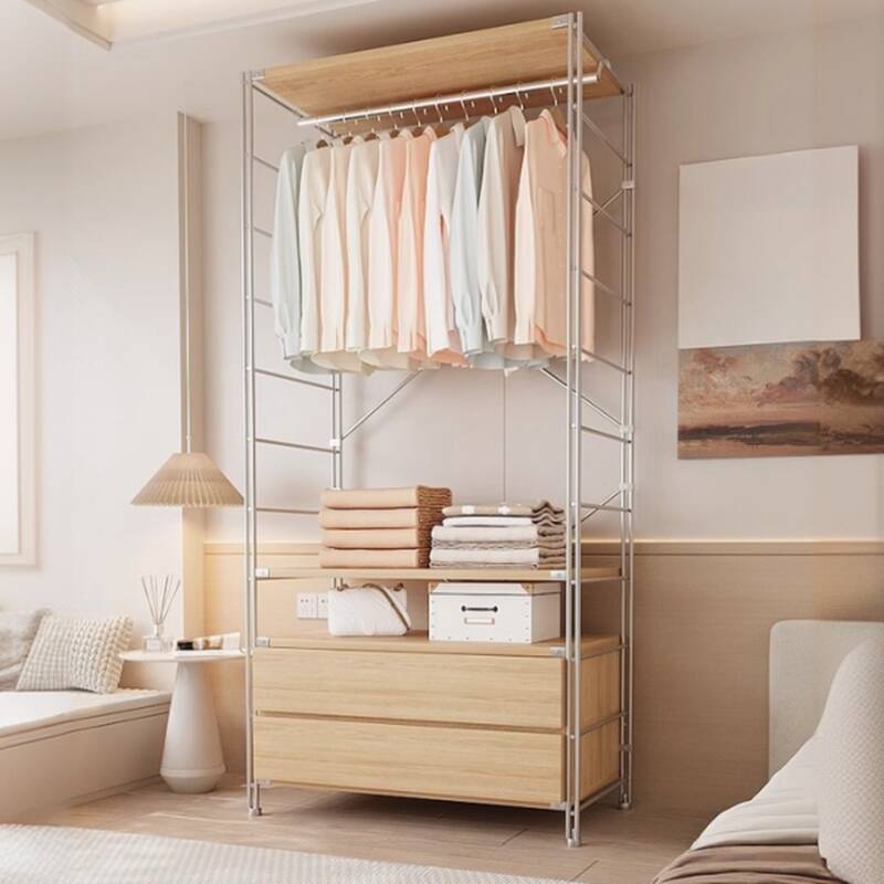 Wood Grain Simplistic Hall Tree with Stockroom, 2 Drawers, 2/3 Shelves, and Metal Frame