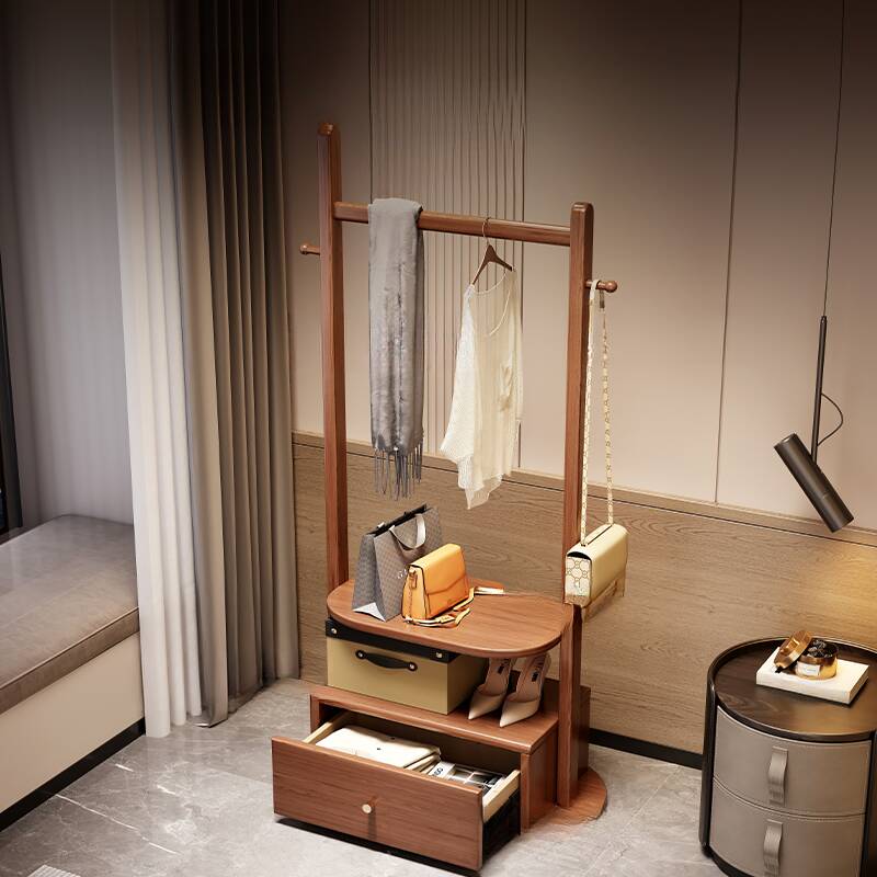 Modish Hall Rack with Container Storage, 1 Drawer, 1 Shelf, Rubberwood Frame, and Wood Hook