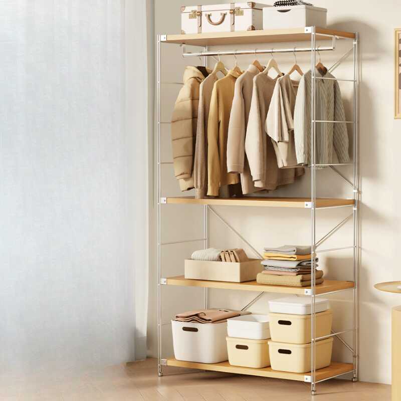 Wood Grain Modish Hall Rack with Container Storage, 3 Shelves, and Alloy Frame