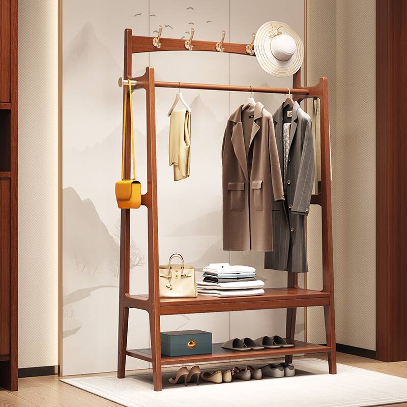 Simplistic Free Standing Hall Tree with 2 Shelves, Natural Wood Frame, Open-air Storage, and Alloy Hook