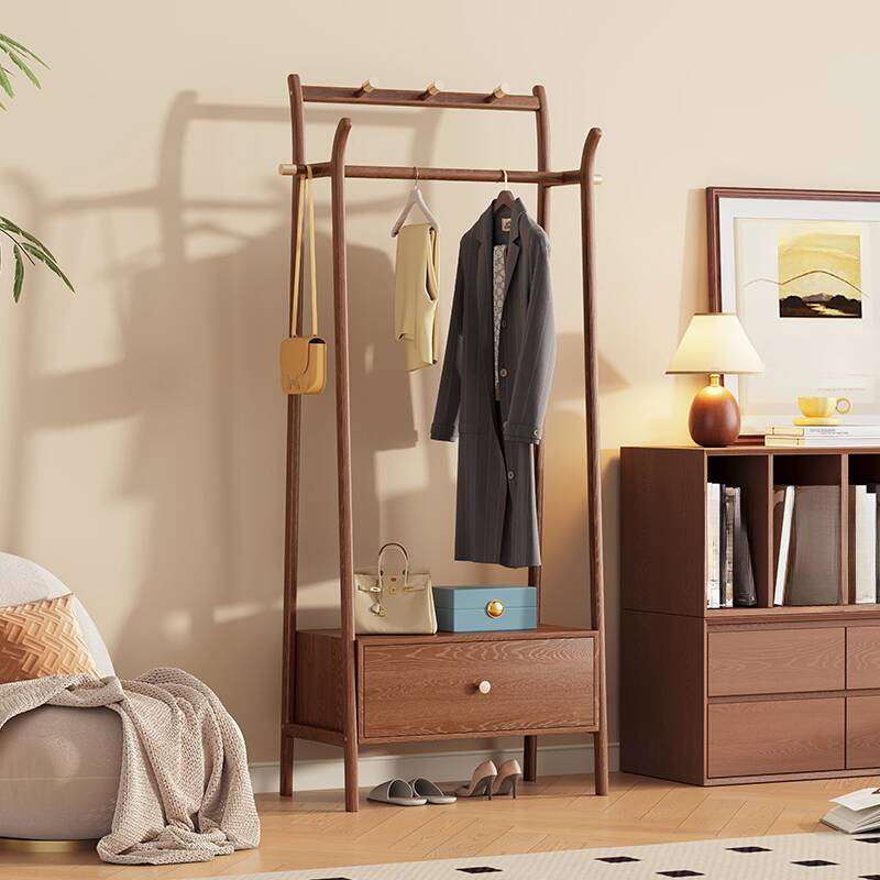Sepia Minimalist Free Standing Coat Rack with Stockroom, 1 Drawer, Natural Wood Frame, and Wood Bench