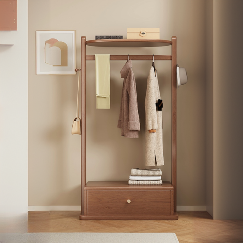 Modish Hall Rack with 1 Drawer, 1 Shelf, Natural Wood Frame and Bench, and Wood Hook