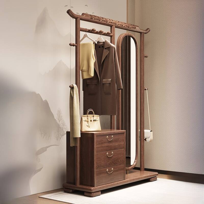 Simplistic Hall Tree with Stockroom, 3 Drawers, 1 Shelf, Natural Wood Frame, Mirroring, and Wood Hook