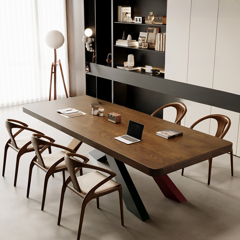 Brown Art Deco Rectangular Conference Table for 10 People with Genuine Wood Tabletop