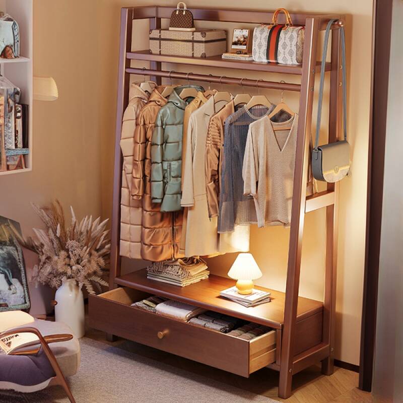 Minimalist Free Standing Coat Rack with Stockroom, 2 Shelves, Natural Wood Frame, and Wood Hook