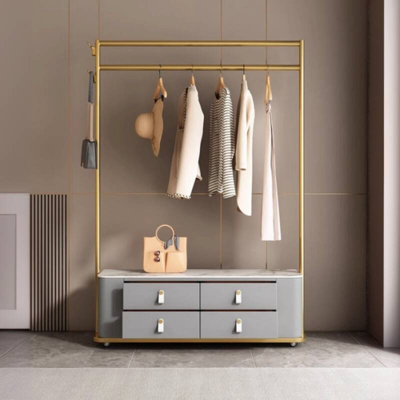 Simplistic Free Standing Hall Tree with Stockroom, 2/4 Drawers, 1 Shelf, Metal Frame, and Double Prong Hooks