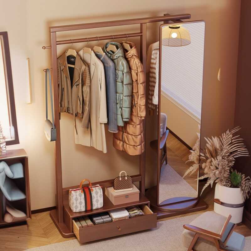 Modish Hall Rack with Container, 1 Drawer, 2 Shelves, Natural Wood Frame, Mirror, and Wood Hook