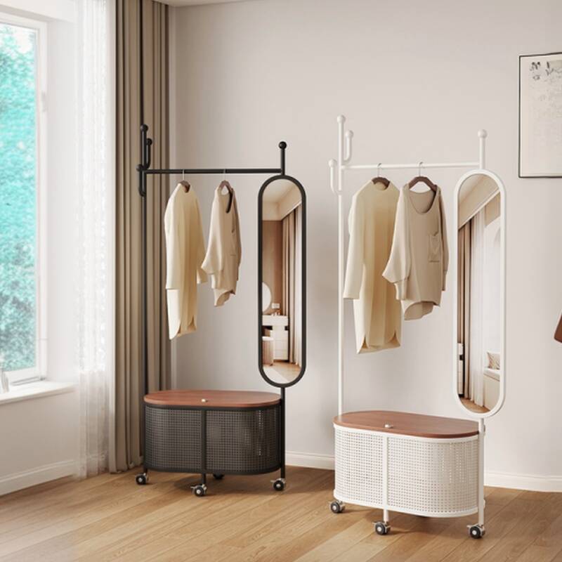 Minimalist Free Standing Steel Coat Rack with Stockroom, 1 Shelf, 1 Basket, and Metal Hook