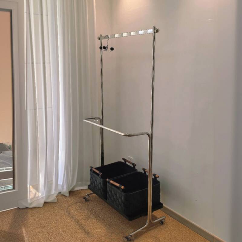 Modish Free Standing Hall Rack with Container Storage, 1 Shelf, 1 Basket, and Stainless Alloy Hook