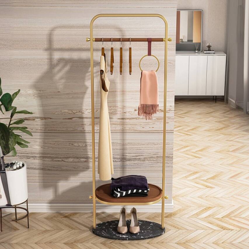 Metallic Art Deco Free Standing Coat Tree with Locker, 2 Shelves, Metal Hook, and Shoe Rack