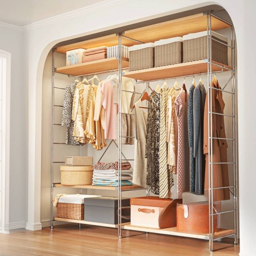 Metallic Modish Free Standing Hall Rack with Container Storage, 1 Shelf/3 Shelves, and Steel Frame