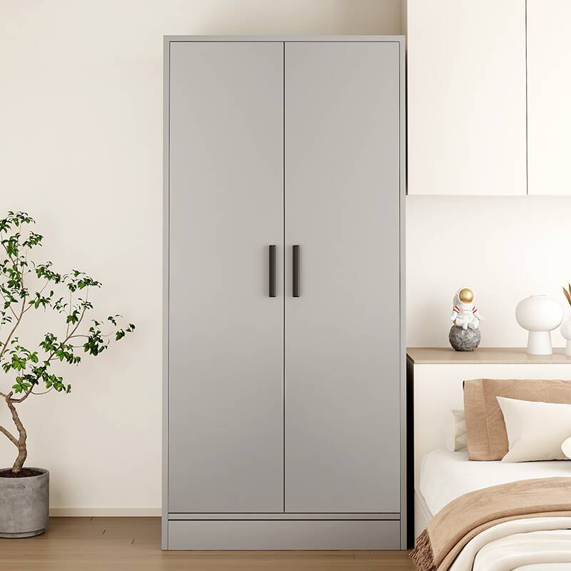 Light Gray Simple Wooden Self-supporting Wardrobe with Soft Close Door, Interior Shelves, and Hanging Rod
