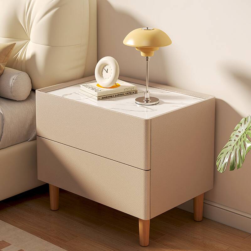 Modish Drawer Storage Bedside Table with 2 Drawers, Stone Countertop, and Leg