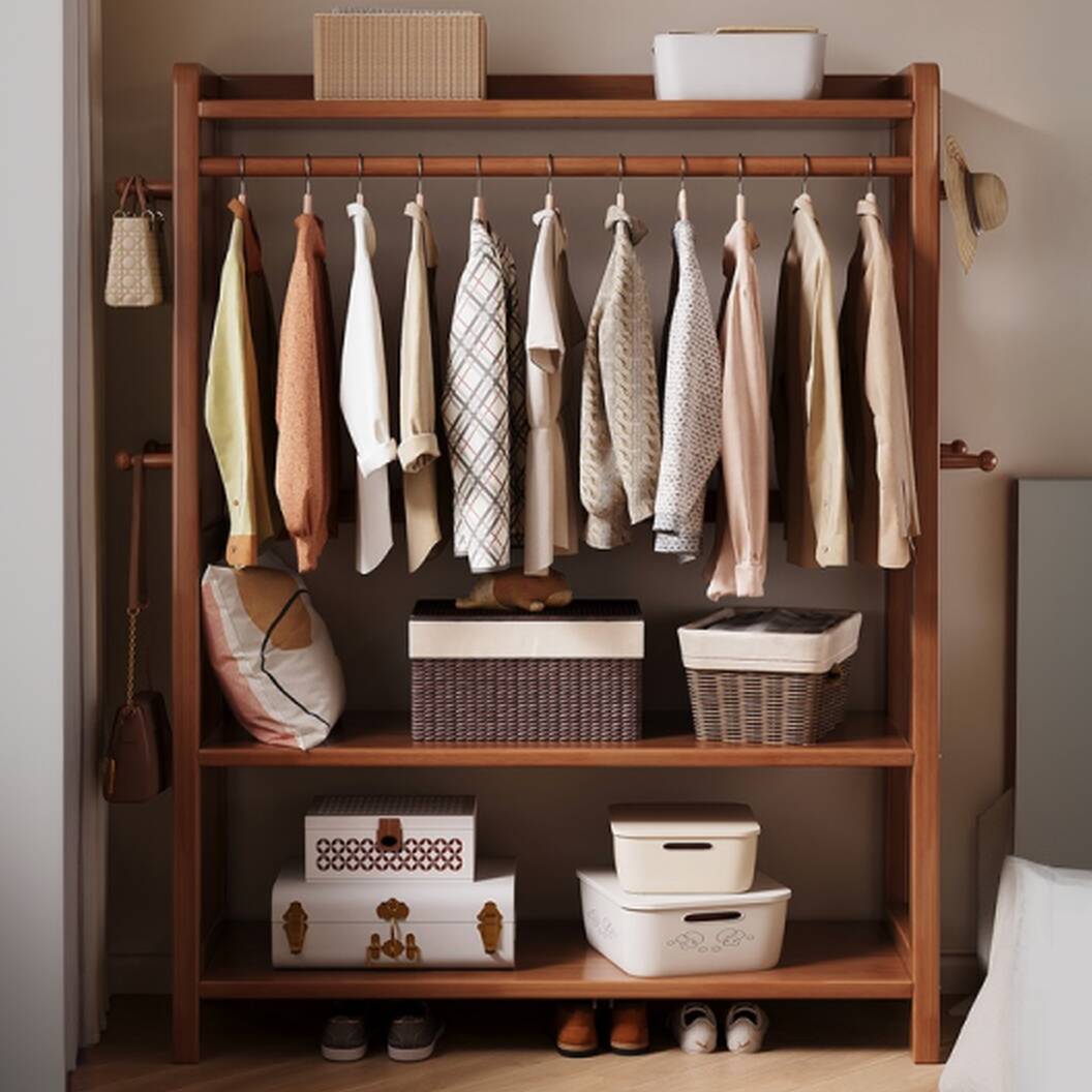 Simplistic Free Standing Hall Tree with Stockroom, 3 Shelves, Natural Wood Frame, and Wood Hook