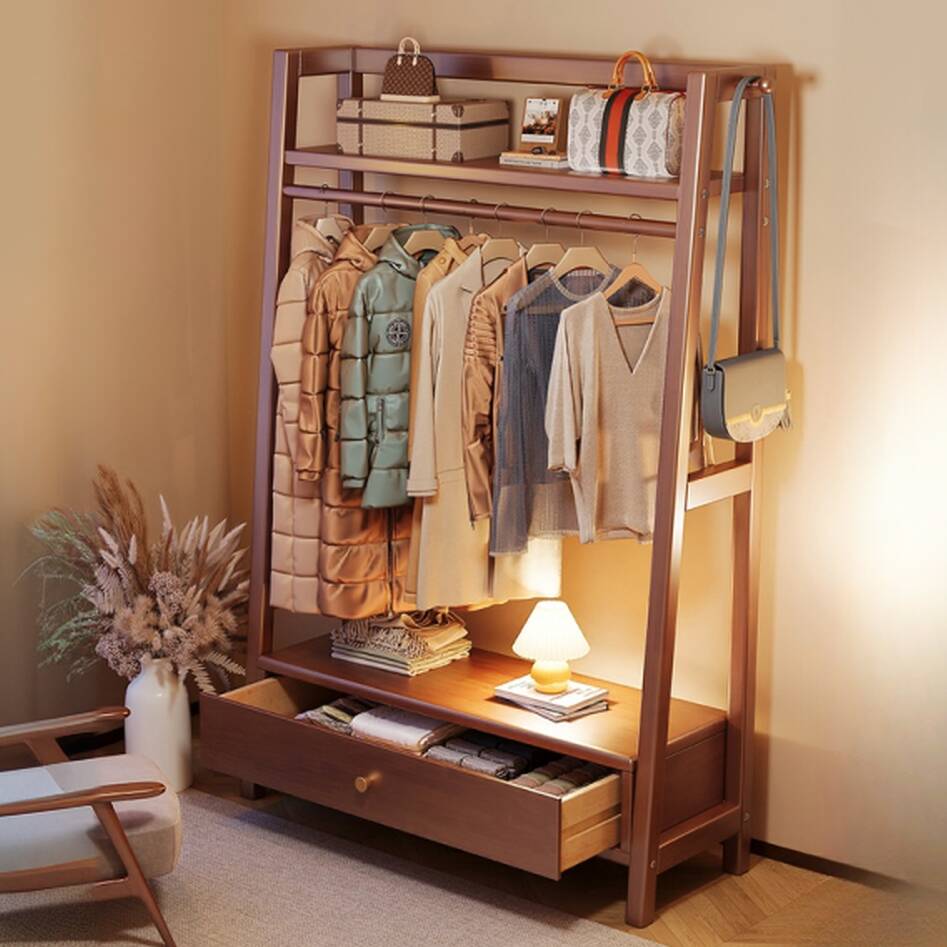 Modish Free Standing Hall Rack with Container Storage, 1 Shelf, Solid+Manufactured Wood Frame, and Wood Hook