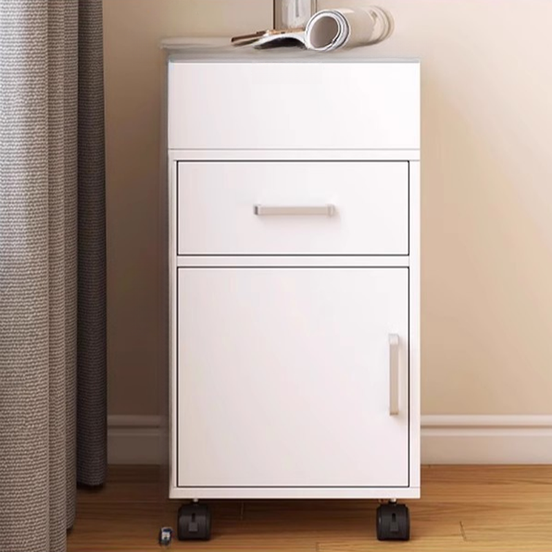 Open Shelf Nightstand with Engineered Wood Top, Rolling Wheels, 1 Cabinet, 2 Shelves, and Left Orientation