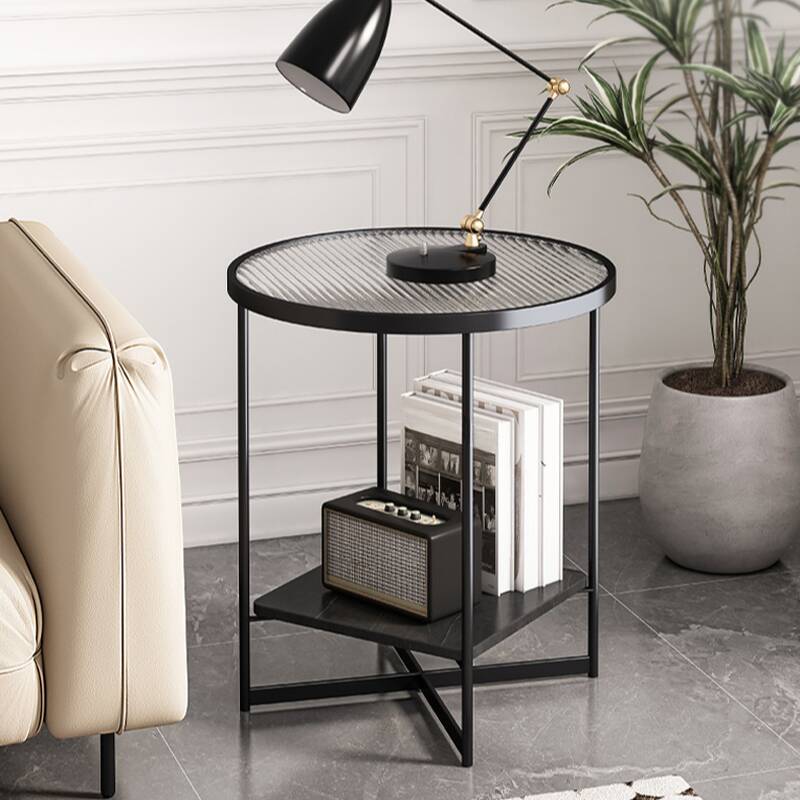 Modern Simple Style Chairside Table with Glass Top and Cross-side Base, Transparent Orbicular Design with Shelf
