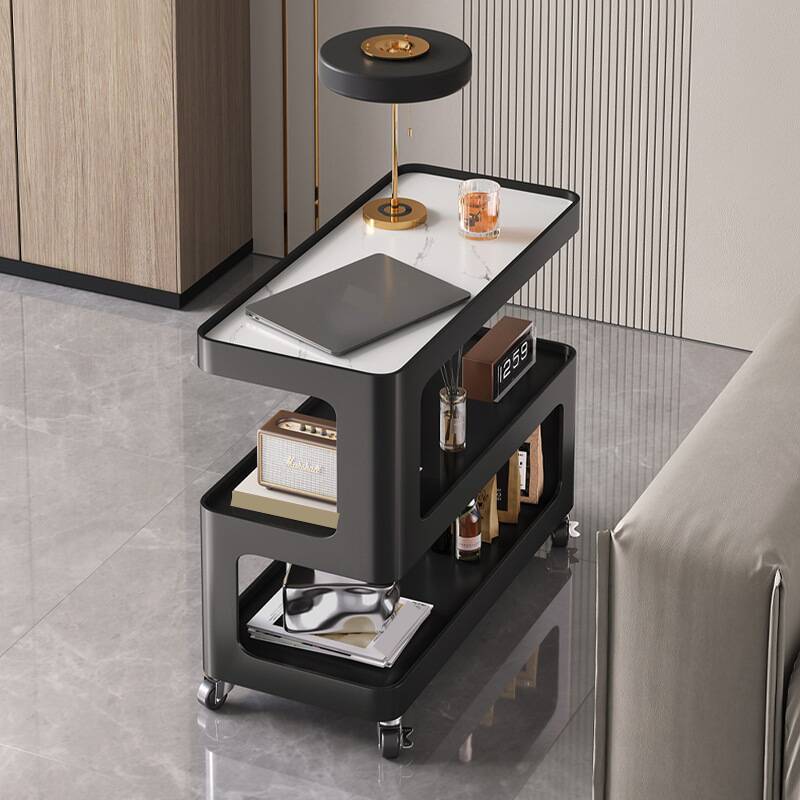 Portable Swivel Wheel Chairside Table with Rectangle Tray Top and 2 Shelves