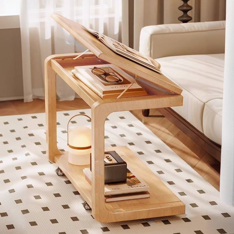 Rubberwood Swivel Chairside Table with Portable Wheels, Trunk Storage, and Tilt