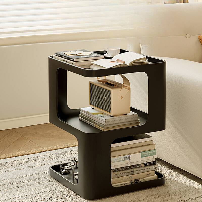 Modern Simple Style Chairside Table with Iron Square Tray Top, Abstract Base, Black/White Colour, and 2 Shelves