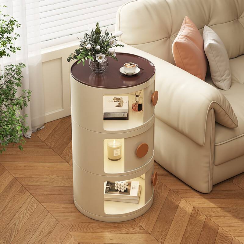 Plexiglass Drum Chairside Table with Lemon/Light Green/Cocoa Orbicular Tray Top, Shelf, and Hutch