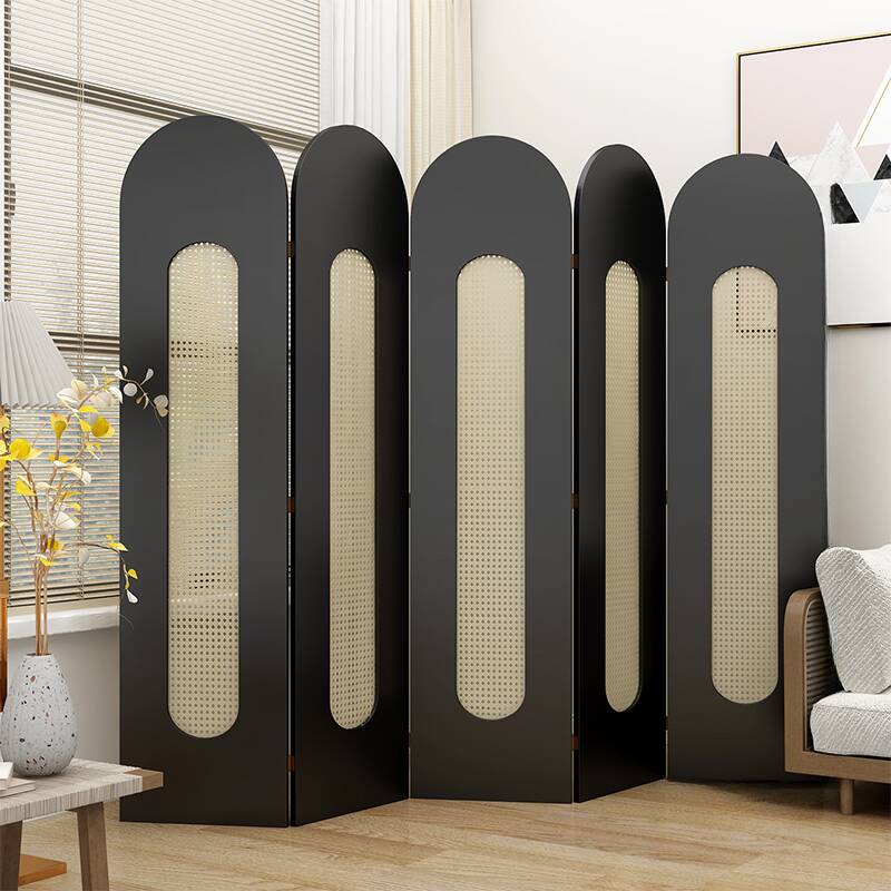 Art Deco Indoor Translucent Compact Room Divider with 5 Panels and Cane Material, Freestanding