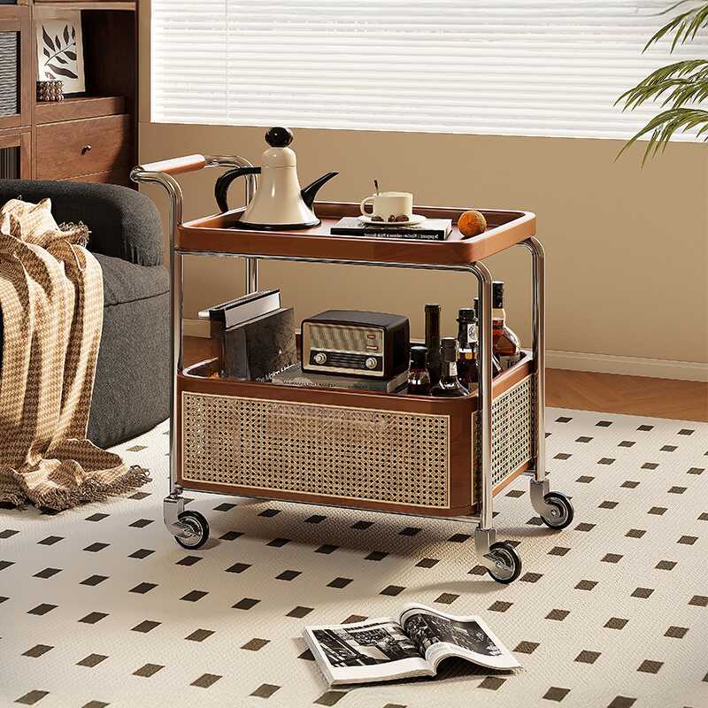 Rubberwood Swivel Chairside Table with Portable Wheels