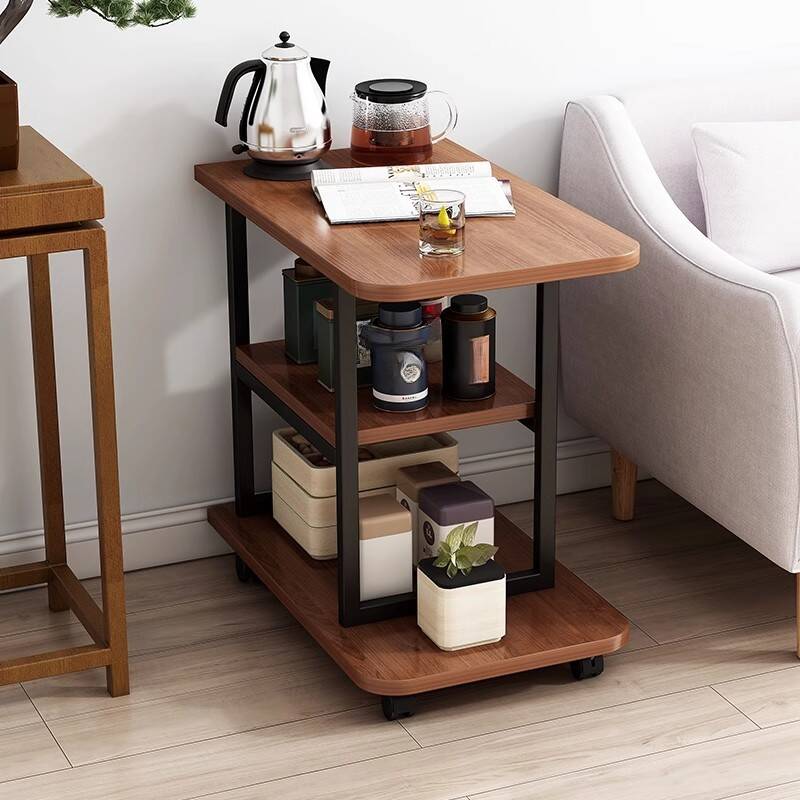 Natural Finish Chairside Table with Swivel and Portable Wheels