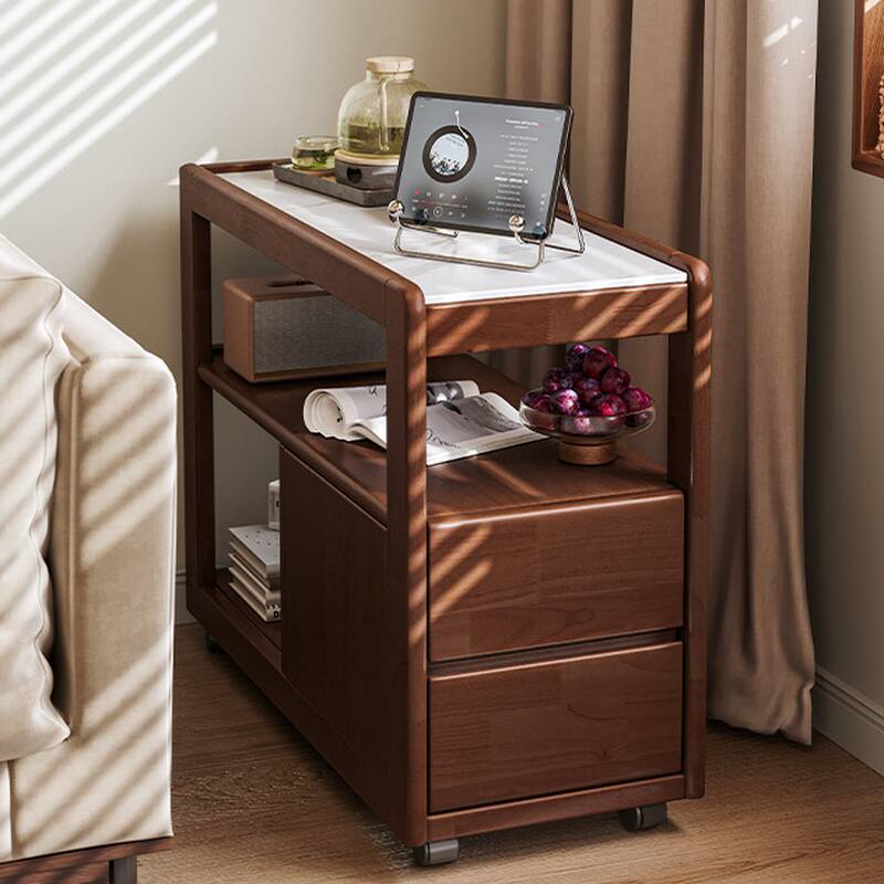 Versatile Chairside Table with Wheel Base, Swivel, and Portable Design Featuring Rectangle Top, 2 Drawers, and 2 Shelves