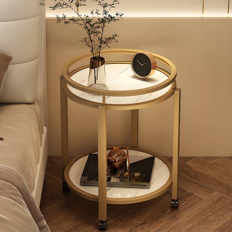 Casual Chalk Orbicular Sintered Stone Chairside Table with Shelf, Swivel Wheels Included/Not Included